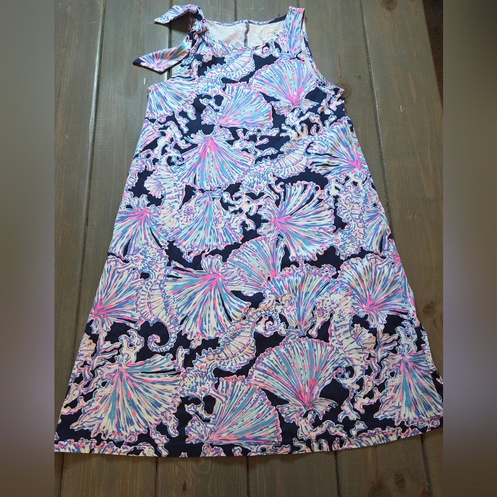 Lilly Pulitzer XS Seahorse Shell Print One Shoulder Dress Tie Neck Pima Cotton